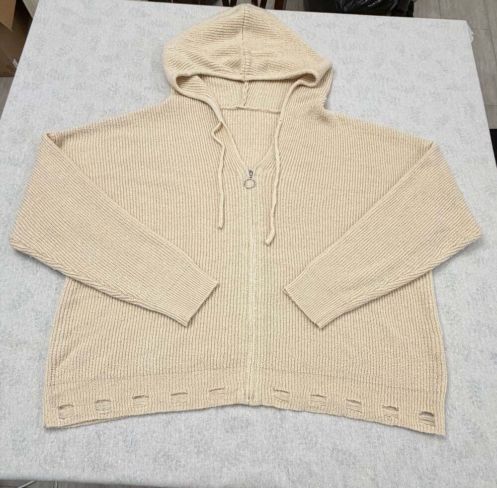 Women's Beige Distressed Heavy Knit Zip-Up Hoodie